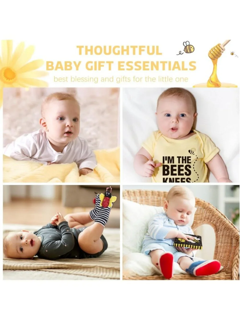 Newborn Baby Gift Set - Bee Shower Basket, Rattle, Blanket, Socks & Onesie